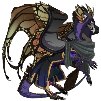 Fiachra dressed in loose purple and black clothing, including an overcoat, scarf, tail binding, boots, and bracers.
