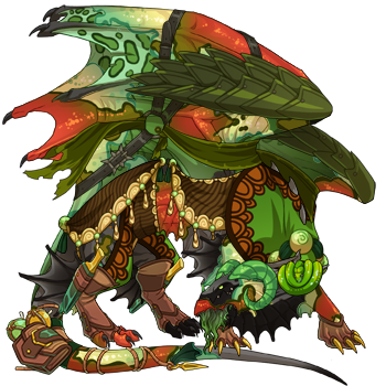 Ravine dressed in a green shawl and general accessories including a bag at the base of his tail.