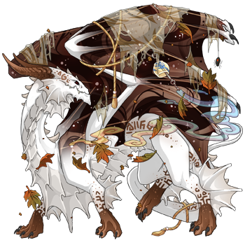 Large white dragon with brown wings and rune-like markings. She is surrounded by autumn leaves.
