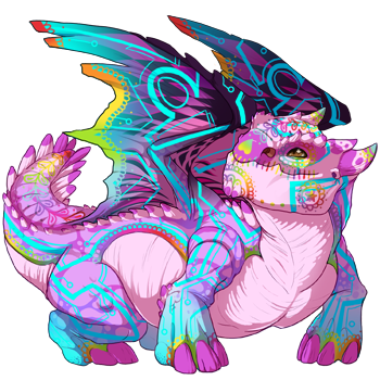 Garcia; a large, stocky dragon with brown eyes, a mostly pink and purple body and wings, and bright blue circuit accents. Her face is decorated with rainbow patterns in the style of a calavera, as well as the edges of her wings.