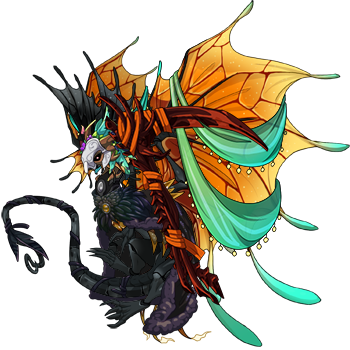 A black Fae with orange wings and mint-green accents holding a scythe.