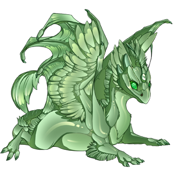 A fire-element female skydancer hatchling with colour changing faceted eyes, seafoam metallic, seafoam alloy and peridot stained, giving her a glossy cloudy-green effect.