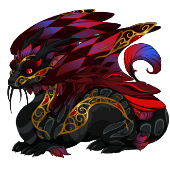 This hatchling Imperial dragon has a black body with dark rounded rectangular markings, checker patterns of light and dark red with some blue on the wings, golden filigree on the face, body and wing tips, and red eyes.