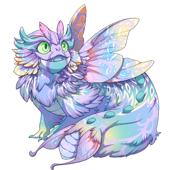This baby Aether dragon has a mix of pastel colours, most predominately blue and purple, with pink, yellow, and a faint bit of green. The eyes are a pastel green.