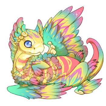 A scry depicting a baby Coatl with Banana Flaunt, Banana Flair, and Banana Firebreather. Its eyes are Ice Uncommon.