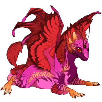 A Skydancer hatchling with Plague Common eyes, Magenta Savannah primary, Red Stripes secondary, and Cantaloupe Runes tertiary