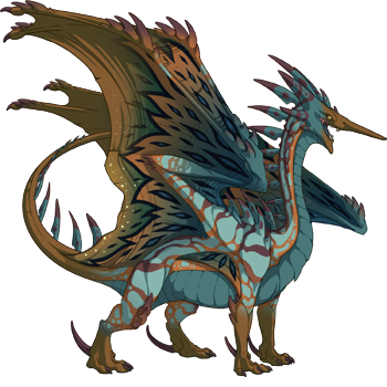 A Ridgeback Male dragon with Spruce Poison, Peacock Flair, and Tarnish Points genes and Light Goat eyes.