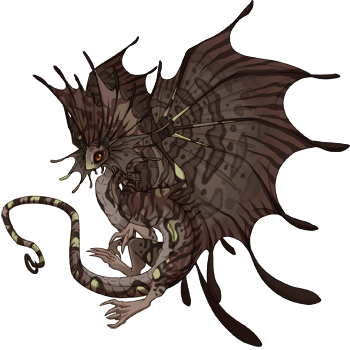 Blake; an insect-like dragon with a brown body and eyes, darker brown stripes on the edges of the wings, and pale greenish accents.