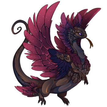 A Coatl Male dragon with Ginger Metallic, Garnet Bee, and Cobalt Stained genes and Shadow Unusual eyes.
