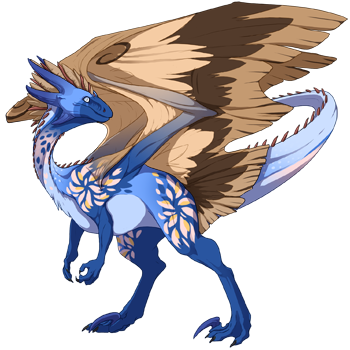 A male pose Wildclaw with Ice Common eyes, Cornflower Cinder primary, Tan Seraph secondary, and Brick Spines tertiary