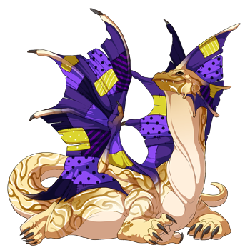Reid; a lizard-like dragon with brown eyes, a cream coloured body that has swirls of light brown, a pale cream underbelly, and purple and yellow patchwork wings.