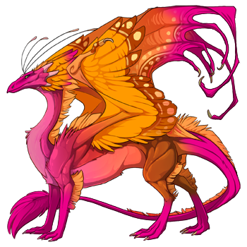 A male pose Skydancer with Wind Dark Sclera eyes, Red Iridescent primary, Sunset Spinner secondary, and Fuchsia Points tertiary