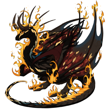 A banescale dragon with orange-golden Flames going across its body, which is dark in color with cool yellow stripes, some of which fade into blue. 