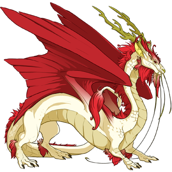 An adult male Imperial dragon with Basic genes. The primary color of the body is Maize. The secondary color of the wings is Red.