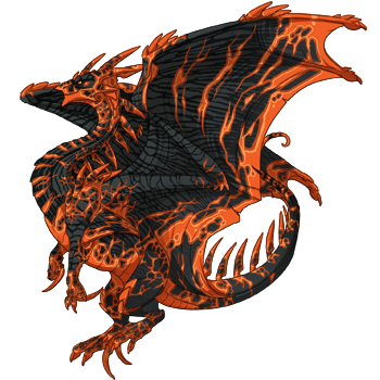 A crackly-textured Blacksand Fulgurite dragon, black with splashes of orange and matching Fire eyes
