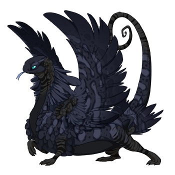 A black feathery Soot Foot dragon with bar, daub, and okapi genes. It is completely dark except for its bright cyan Lightning eyes