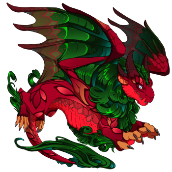 This male Obelisk dragon has a bright red body with petal markings, glossy dark green wings, mane, and tail tuft, and dark red lace pattern on the wing and belly edges, and white eyes.