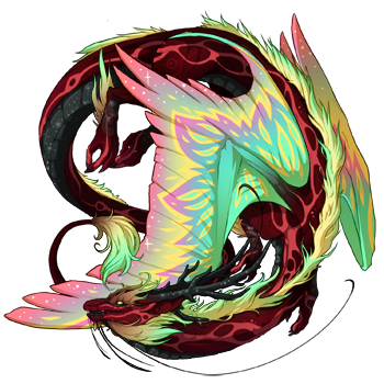 This female Imperial dragon has a red body, wings with pointed markings of different colours in yellows, greens, and pinks, a sparkly black belly, and yellow eyes.