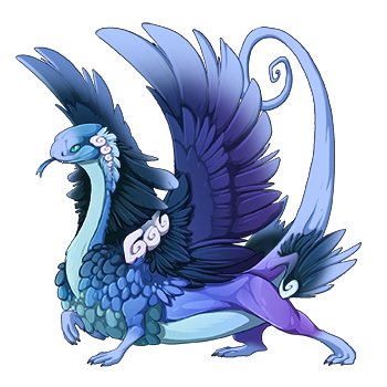 This female Coatl dragon is all blue, with darker blue wings and lighter blue face, belly, paws, tail, and wingtips, and bright cyan eyes.