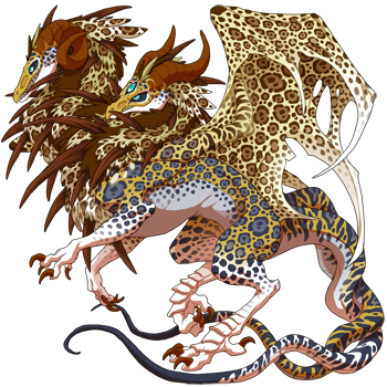 A two-headed, jaguar-spotted Canyon Crawler aberration dragon in all shades of golden brown. Large spines stick out from its neck fluff