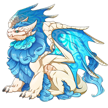 This female Obelisk dragon has a cream-coloured patternless body, with bright cyan blue hair that is glossy and wings with floral patterns, and eyes with a cyan & brown gradient.