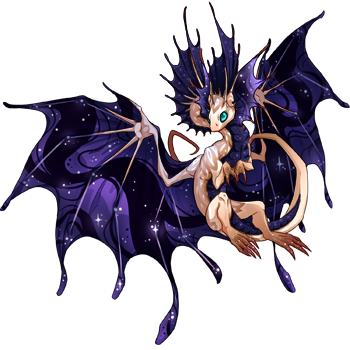 This female Fae dragon has a cream coloured body with diamond patterns that fade to light purple, dark purple starry wings, and dark purple belly and head fins, with cyan eyes.