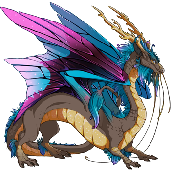This male Imperial dragon has a brown body with a sparkling yellow belly, bright blue and pink insect-like wings, and light green eyes.