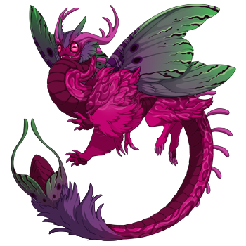 An Aether with a vibrant pink Jupiter body, purple-green Noxtide wings and Arcane Goat eyes