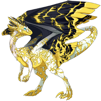 A Storm Claw, a wildclaw dragon with a pale white iridescent body, dark gray wings, and yellow crackle like lightning all over it