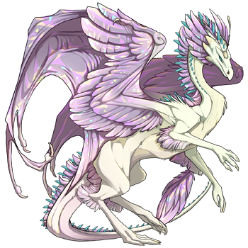 A pale Sentinel skydancer dragon. This Sentinel has an iridescent white body, sparkly lavender facet wings, and bright aqua spines down its back
