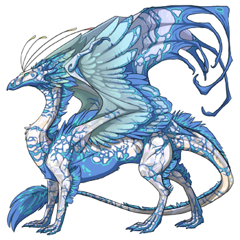 A shiny, bluish Van de Graff Generator dragon. Its body is white, its wings pale and bluish, and it is covered in a blue crackle.
