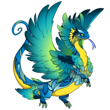 This male Coatl dragon has a blue body with petal markings and a bright yellow belly, wings with a gradient that goes from bright green at the elbow to blue at the edge, and light green eyes.