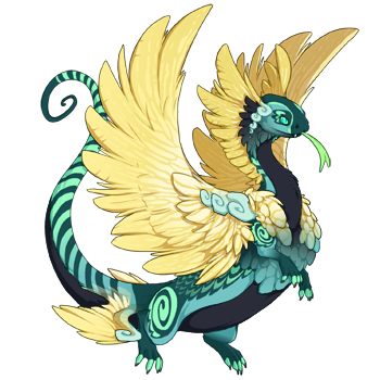 A Kugelblitz dragon with a turquoise body, yellow wings, and black underbelly