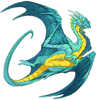 A bright blue Current Rider dragon with ripple and current genes. This one has its electric-yellow tertiary on its underbelly