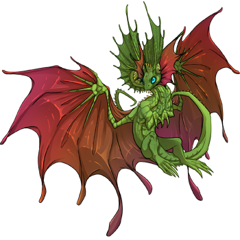 A small Shifting Grandfolia dragon with a green-range ripple primary, red-range shimmer secondary, and yellow-range spines tertiary