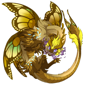 A picture of female Aether dragon, with goldenrod Cinder, honey Butterfly, and latte Carnivore genes, and Shadow element Unusual eyes.