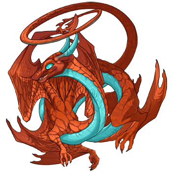 A Spire Current Technician, a spiral dragon with rough-textured orange body and wings contrasted by a brightly shining cyan underbelly