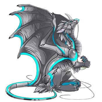 A robotic Bionic Force dragon, body a metallic gray highlighted with a neon cyan contour