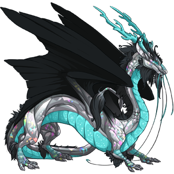 A Tesla subspecies dragon of the original variant. It has a gray crystal body, plain black wings, and a glimmering aqua belly.