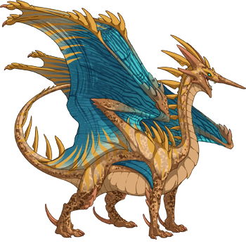A Charged Sandstone dragon with a sandy, speckled body and bright blue wings