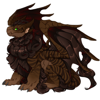 This female Obelisk dragon is dark brown, with green eyes, glossy wings and hair, and stripes on the body.
