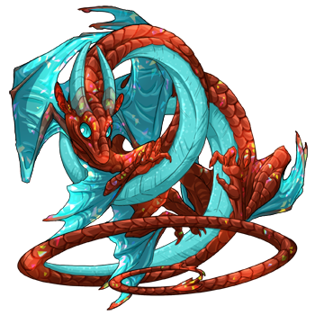 A shiny Rogowski Coil spiral dragon with a reddish primary and matching aqua wings and belly