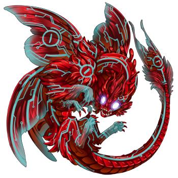 A Malware, an aether dragon with a shiny red body covered in aqua circuit patterns