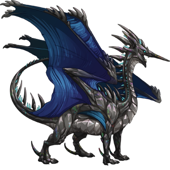 A Burrower dragon with a dark gray crystalline body, shimmery dark blue wings, and bright blue spines down its back