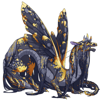 An Orevein, a grayish veilspun dragon speckled with metallic veins and clusters