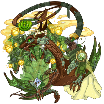 A brown spiral dragon with genes that give them a branch like texture. They're dressed in flowing green apparel, green wraps, and yellow blossoming flowers with a golden cloud around them.