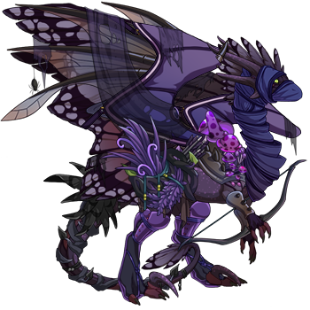 A Wildclaw dragon in female pose. The dragon's colors and apparel are deep hues of purple and plantlife, giving the impression of a stealthy druid. The dragon carries a bow.