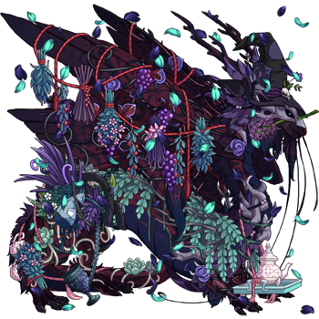 An Imperial dragon in male pose. The dragon's genes and colors are of dark muted reds and blues. Their apparel, heavy cover of plantlife from various plant focused sets, gives them an appearance of a forest eldritch horror, but in pretty pinks, purples, and blues.