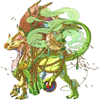 A Pearlcatcher dragon in male pose with a pale gold and orange body. The dragon's apparel is an absolute cacophony of green Wind wraps, ribbons, and wind themed aura, with a bonus summer breeze breezing across.