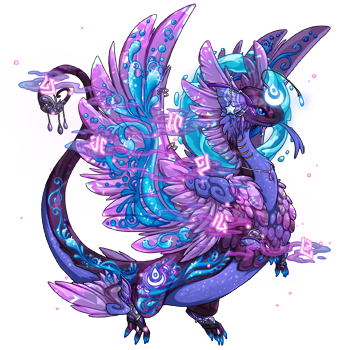 Zarya: A purple, pink, and blue, Water-hatched coatl with watery apparel.